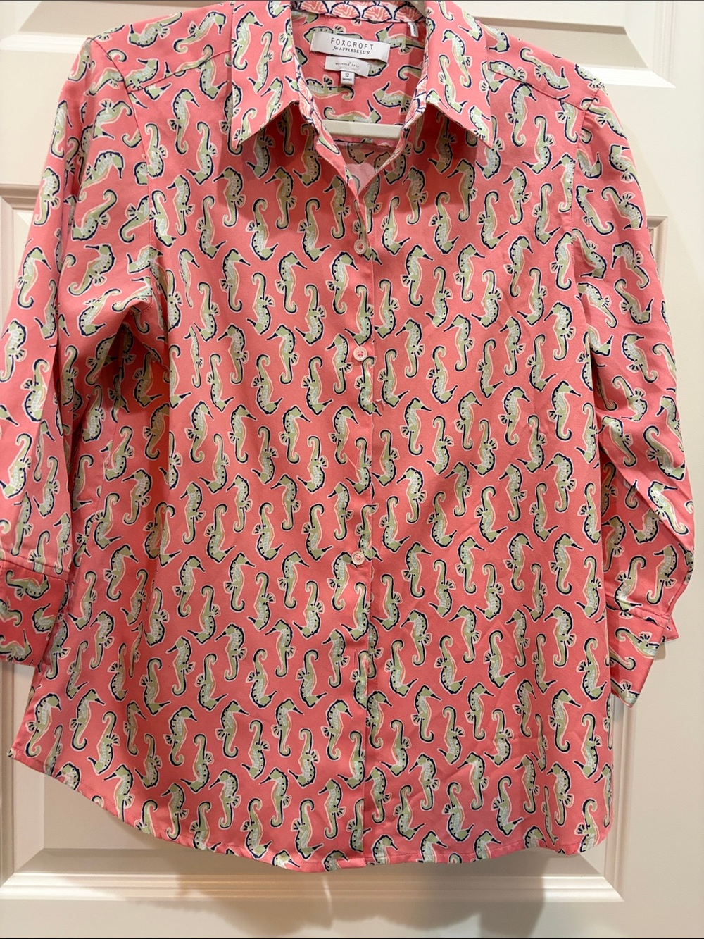 Foxcroft Coral and Green Seahorse Print Button-Down Shirt - Coral Wm Sz 12